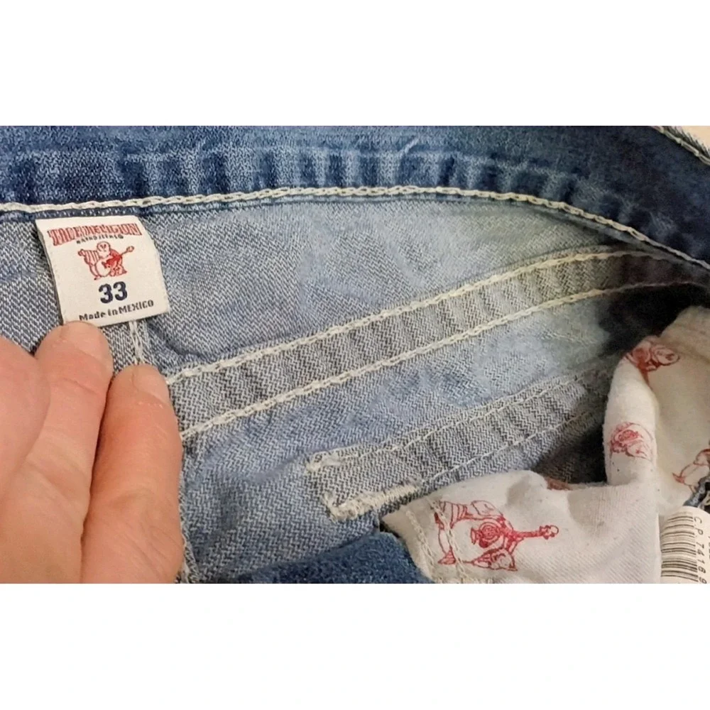 Size 33 True Religion Straight Leg Jeans Blue Thick White Contrast Stitch Flap